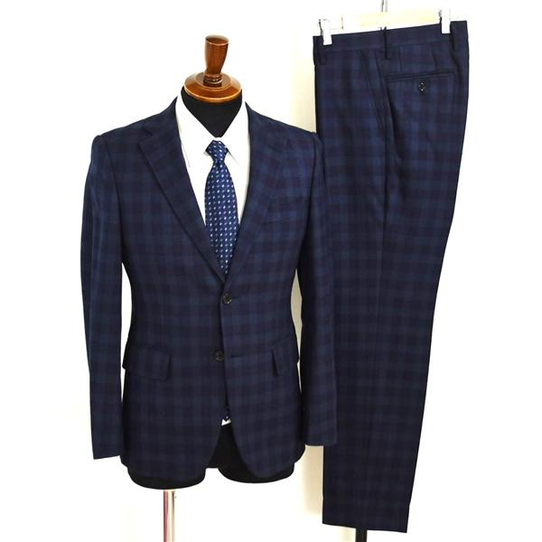 美品 コムサイズム 2つボタン シングルスーツ S YA3 ダークネイビー チェック ノータック 袖...