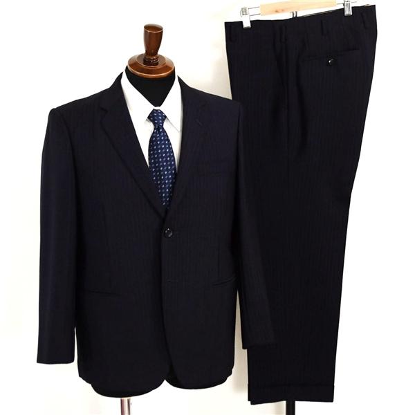 ノーブランド 2つボタン シングルスーツ S AB3 ダークネイビー ストライプ ノータック 袖口3...