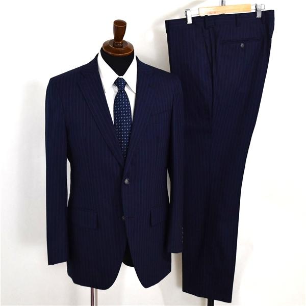 美品 麻布テーラー 2つボタン シングルスーツ M A6 ダークネイビー ストライプ ノータック a...