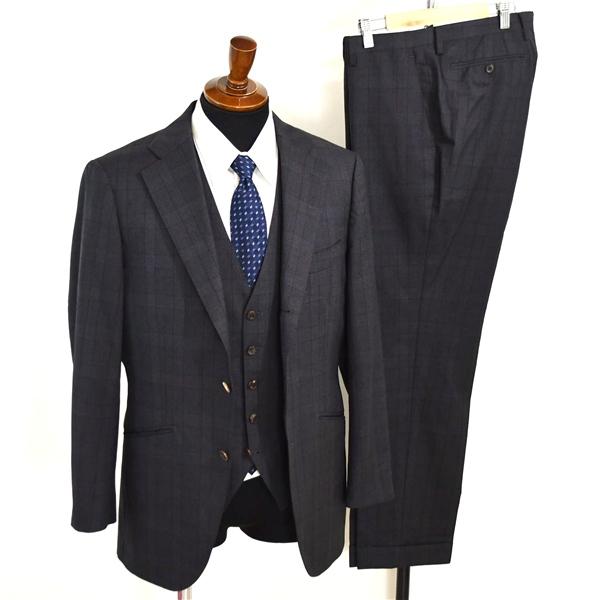 ユニバーサルランゲージ 伊製 REDA生地 3ピース 3つボタン シングルスーツ L A7 ダークグ...