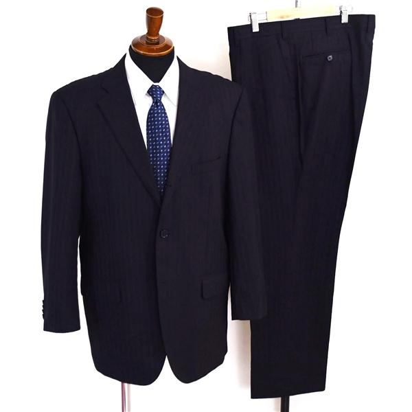 伊製 ロロピアーナ生地 段返り 3つボタン シングルスーツ XL BB6 ダークネイビー ストライプ...
