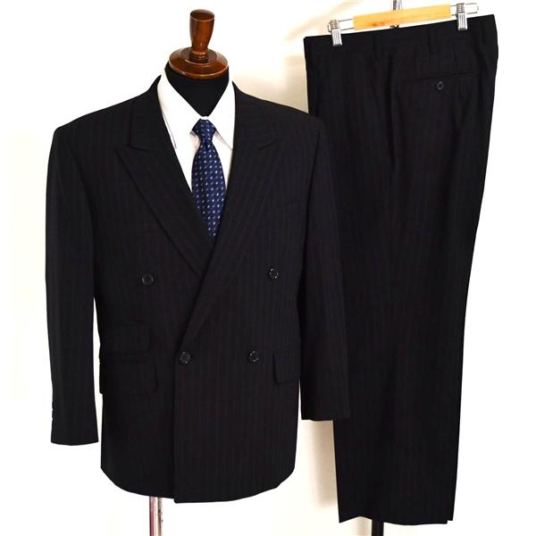 美品 U.P. renoma 4つボタン ダブルスーツ M AB4 ブラック ストライプ 袖口3つ釦...
