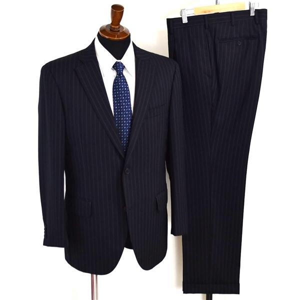 ニューヨーカー 2つボタン シングルスーツ L AB6 ダークネイビー ストライプ 袖口4つ釦 開き...