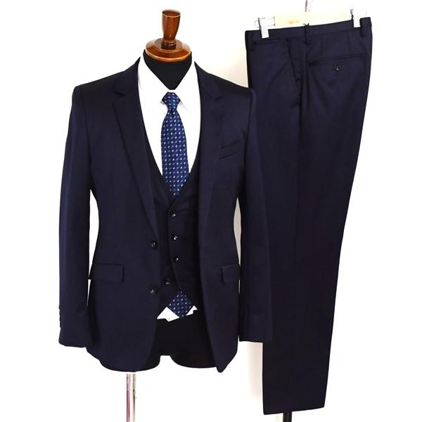 美品 スーツセレクト シルク混 3ピース 2つボタン シングルスーツ M Y5 ダークネイビー ノー...
