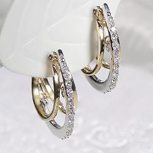 ダイヤモンド 3連 0.12ct デザイン ピアス K18WG/YG pa2570 