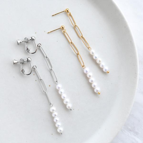 淡水ベビーパール ピアス イヤリング / 約4.0〜5.0mm レクタングルチェーン ロングタイプ ...
