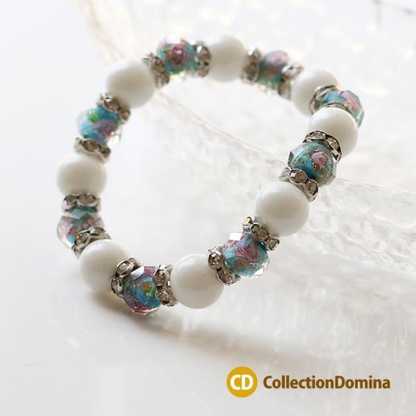 ブレスレット ビーズ トンボ玉 ブルー クリスタル フリーサイズ