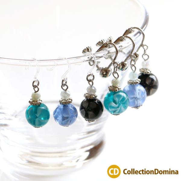 当店オリジナル 花柄 和柄 ガラス玉 とんぼ玉 フックピアス 樹脂フック 樹脂ピアス ネジバネ式 イ...