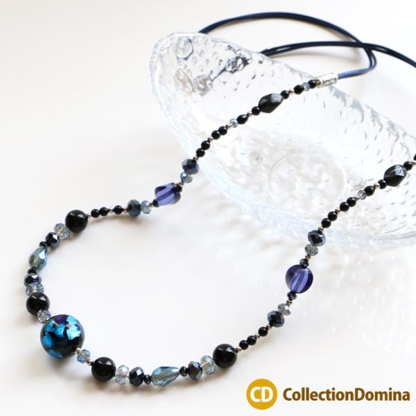 18mm ホタルガラス ロング丈 ネックレス 紐ネックレス ビーズ アジャスター付き ブルー ネイビ...