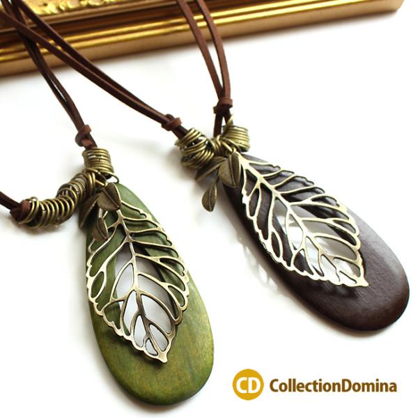 ネックレス ペンダント レディース 天然素材 ウッド 葉っぱ しずく ショート ロング 紐 スエード...