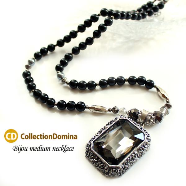 ネックレス レディース ビジュー ミディアム アンティーク風 ブラック 黒 アジャスター付 大ぶり ...