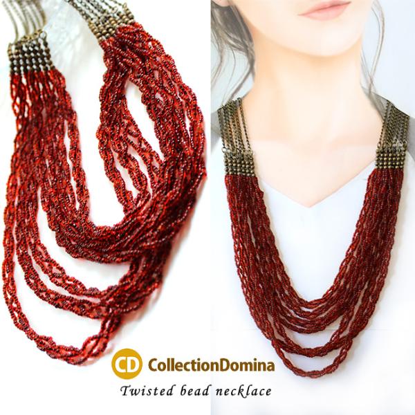 ネックレス レディース ツイストビーズ 大ぶり おしゃれ ミディアム チェーン 赤 普段使い 長め ...