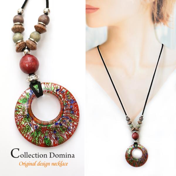 ネックレス レディース ヴェネチアンガラス風 ウッド 紐 ベネチアンガラス風 当店オリジナル おしゃ...