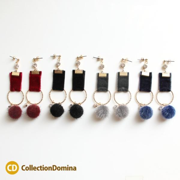 ファーボール ベロア調リボン ラインストーン メタルフープ チタンピアス チタンポスト レッド ボル...