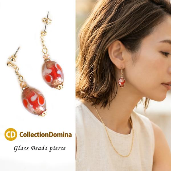 ピアス レディース お花モチーフ フラワー とんぼ玉 蜻蛉玉 和風 トンボ玉 花柄 楕円 オーバル ...