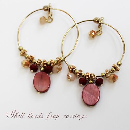 フープイヤリング レッド シェル(貝) ビーズ ゴールド ノンホール