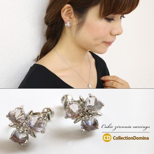 イヤリング キュービックジルコニア CZ 花型 ネジバネ クリア