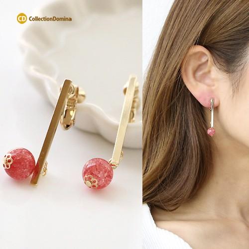 イヤリング クラック加工ビーズ バー ゴールド ピンク ネジバネ