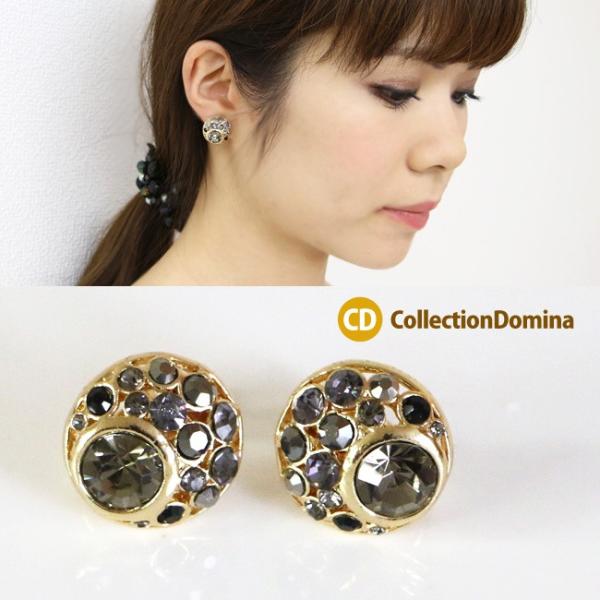 イヤリング ラウンド型 ラインストーン ゴールド ネジバネ式