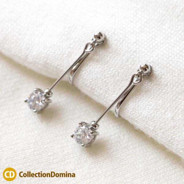 ニッケルフリー 金属アレルギー イヤリング ネジバネ式 ロング メタルバー キュービックジルコニア ...