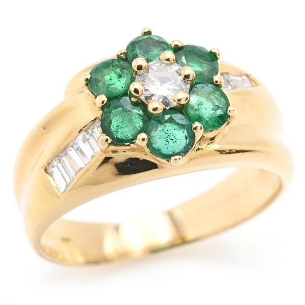 0.78ct天然エメラルドリング 9.5号 K18YG 0.31ct天然ダイヤ フラワーモチーフ 六...