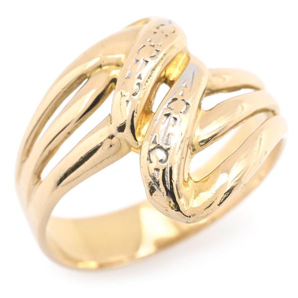 ウェーブリング 12号 K18YG リボンモチーフリング 重なり合う レリーフ 3ロウ 割り腕 鏡面...