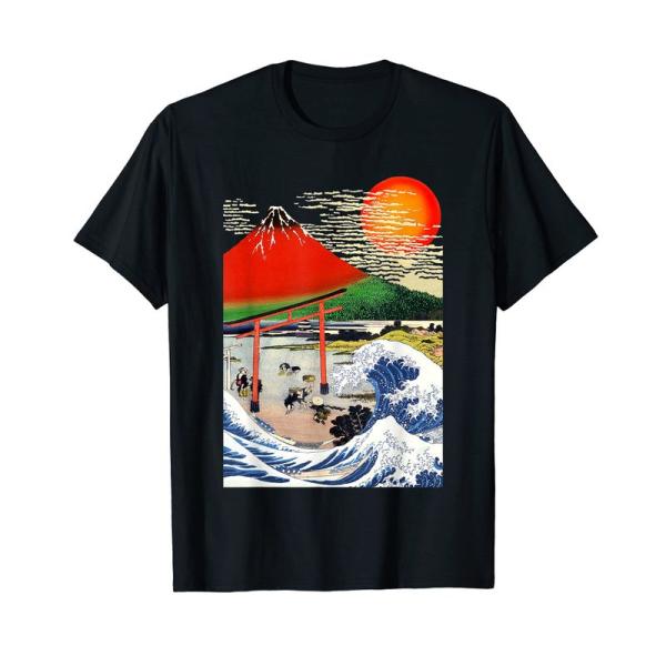 江戸 日本 浮世世 白斎 赤富士山&amp;津波 Tシャツ