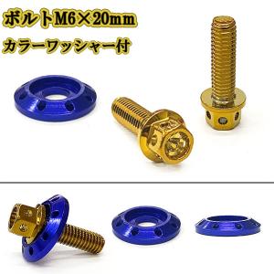 M6 20mm P1.0 フランジ付六角ボルト カラーワッシャー フジツボ 座面枠付 20mm ナンバー フェンダー 車 バイク ゴールド×ブルー｜colorful-sp