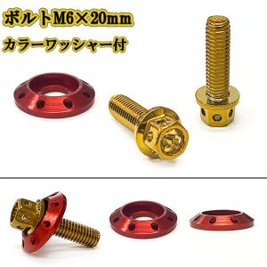 M6 20mm P1.0 フランジ付六角ボルト カラーワッシャー フジツボ 座面枠付 20mm ナンバー フェンダー 車 バイク ゴールド×レッド｜colorful-sp