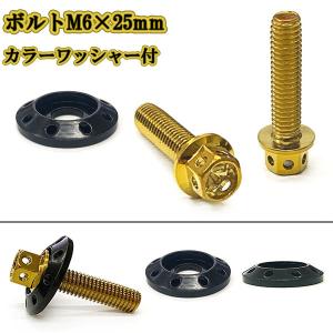 M6 25mm P1.0 フランジ付六角ボルト カラーワッシャー フジツボ 座面枠付 20mm ナンバー フェンダー 車 バイク ゴールド×ブラック｜colorful-sp