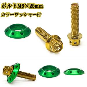 M6 25mm P1.0 フランジ付六角ボルト カラーワッシャー フジツボ 座面枠付 20mm ナンバー フェンダー 車 バイク ゴールド×グリーン｜colorful-sp