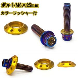 M6 25mm P1.0 フランジ付六角ボルト カラーワッシャー フジツボ 座面枠付 20mm ナンバー フェンダー 車 バイク 焼きチタン×ゴールド｜colorful-sp