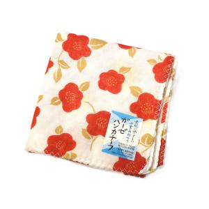 大判 二重 ガーゼハンカチ 「花つばき」 ホワイト 日本製【送料無料】
