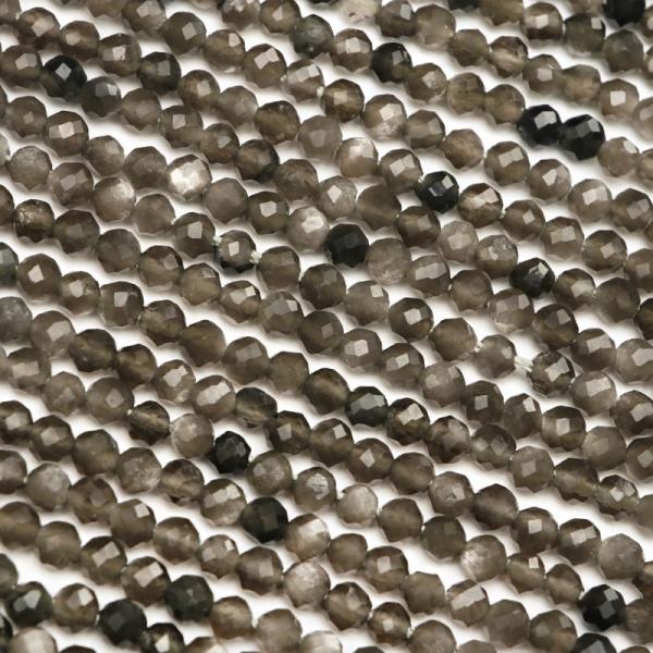 シルバーオブシディアン 面カット 丸玉 2mm［プレミアムカット］【1連販売】 / 7-13 OB2...
