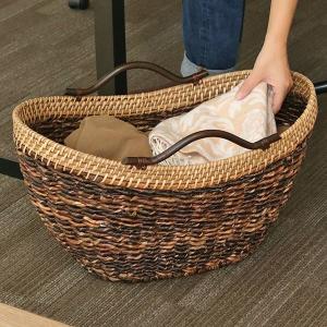 籐 バスケット 持ち手付 楕円型 ラタン製 かご 約幅56cm （ カゴ 籠