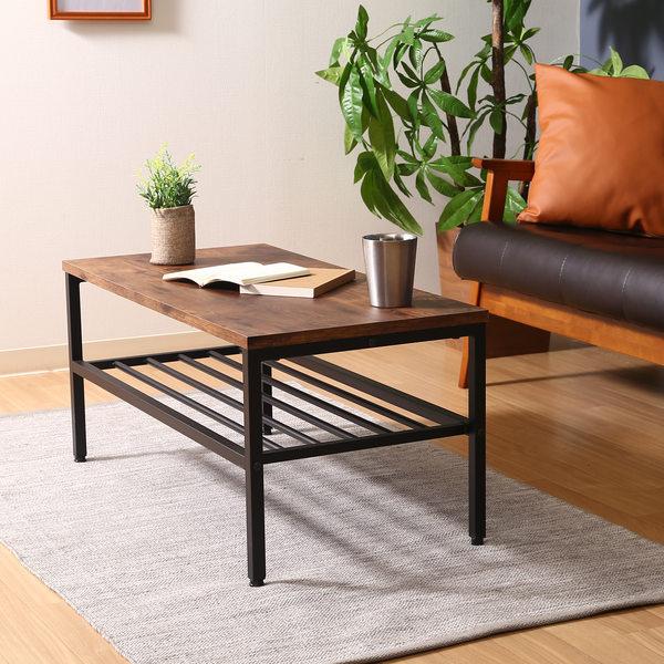 センターテーブル 幅80cm 木目調 収納付 （ 長方形 天板下 収納 ラック付き スチール脚 ）