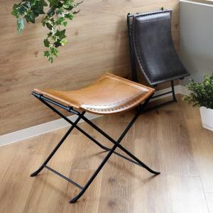 折りたたみ椅子　アンティーク 折りたたみ椅子 高さ44cm レザー アイアン アンティーク調 （ スツール