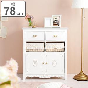 キャビネット バスケット付 姫系 白家具 リボン引手 幅78cm （ ラック 飾り棚 シェルフ 収納 棚 天然木 かご A4対応 ）