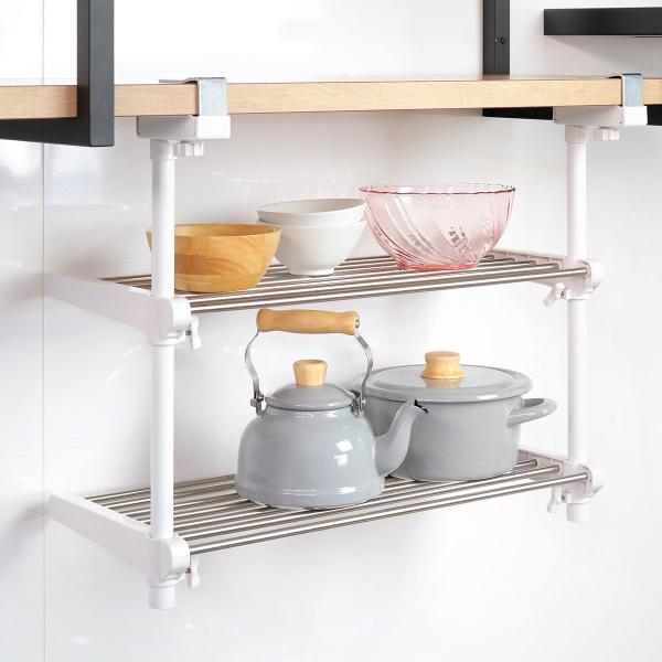 つっぱり棚 2段吊り下げキッチン棚 （ 伸縮 2段 幅59〜90cm ステンレス 吊戸棚収納 吊戸棚...