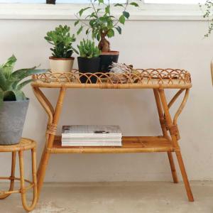 今枝商店 ラタンテーブル 円形 ガラス天板 棚付 籐家具 直径60cm