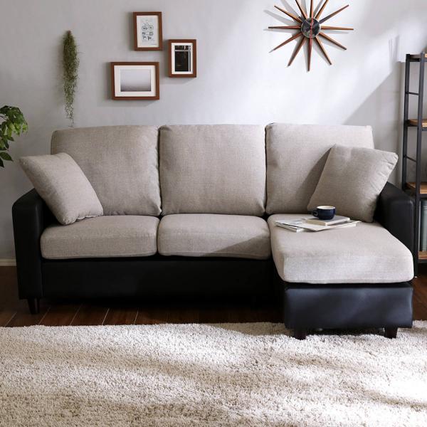 ソファ 3人掛け 幅176cm ローソファ 脚取り外し可能 PVC ファブリック ブラック ベージュ...