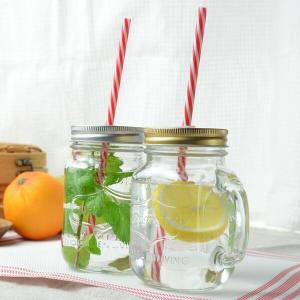 ドリンクジャー ガラスジャー 380ml ストロー付き 取っ手付き ガラス製