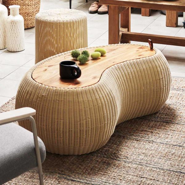 ビーンズ型 センターテーブル 幅114cm ラタン調 （ テーブル リビングテーブル ローテーブル ...