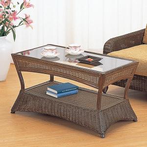 ラタンテーブル 円型 ガラス天板 棚付 籐家具 直径60cm （ ラタン 机