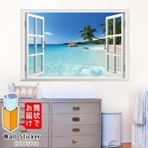 ウォールステッカー 窓 トリックアート 3D ヤシの木 海 水平線 夏 青空 写真 はがせる 壁飾り カフェ インテリアシール｜colors-pro