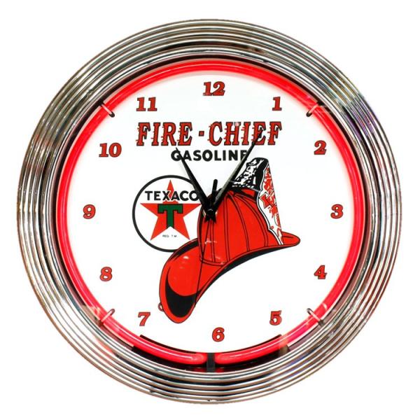 壁掛け 時計 ネオンクロック「TEXACO FIRE-CHIEF GASOLINE」レッドネオン テ...