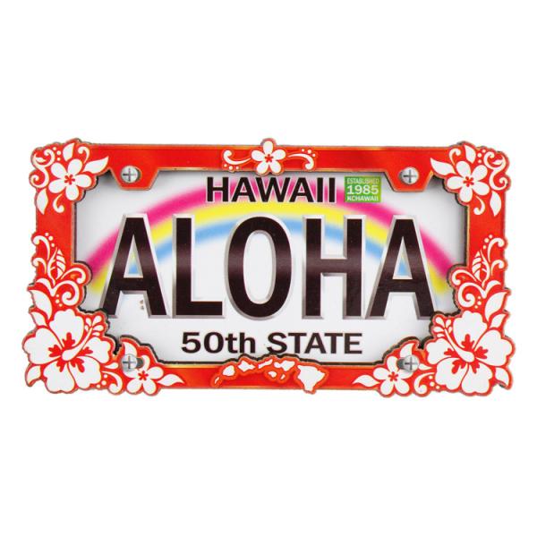 2Dマグネット ライセンスプレート ALOHA アロハ (ハイビスカス) 高さ4×幅8.1cm 高さ...