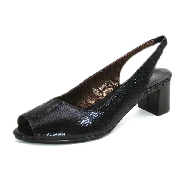 レディース オープントゥサンダル リザード型押 ブラック 21.5~25cm 選べるヒール高 受注生...