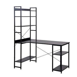 パソコンデスク オフィスデスク 収納ラック付 ハイタイプ 140cm ワークデスク L字型 (ブラック)