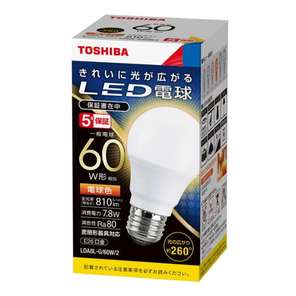 LED 電球 口金E26 一般電球80W形相当 東芝ライテック 電球色 LDA8L-G/60W/2 ...